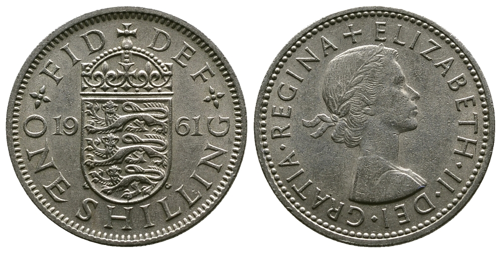 Великобритания 1 шиллинг 1961 Елизавета II (1952-2022), Английский герб KM 904, Spink 4147 медно-никель 4384-435