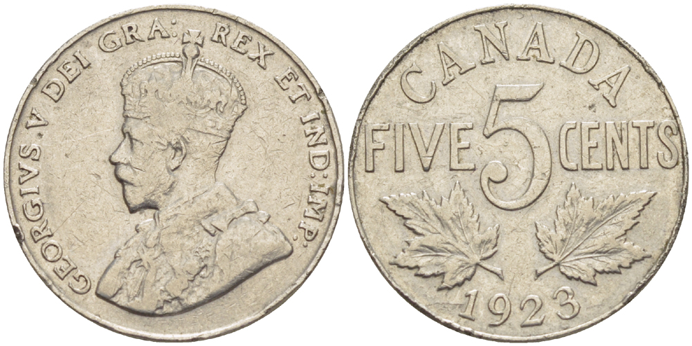 КАНАДА 5 ЦЕНТОВ 1923 ГЕОРГ V (1910-1936) KM 29 никель 75-1436