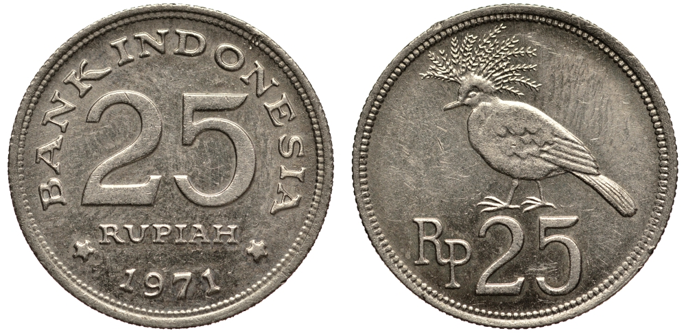 Индонезия 25 рупий 1971 венценосный голубь KM 34 медно-никель 4390-843