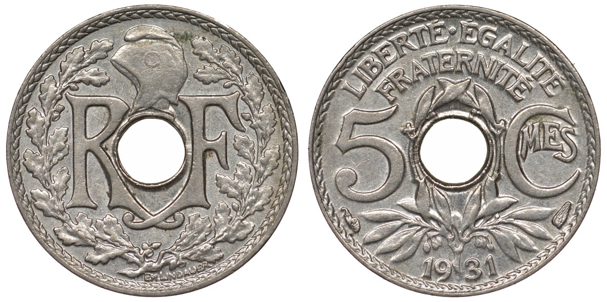 Франция 5 сантимов 1931 тип Линдайё KM 875, Le Franc 122.14 медно-никель 4124-327