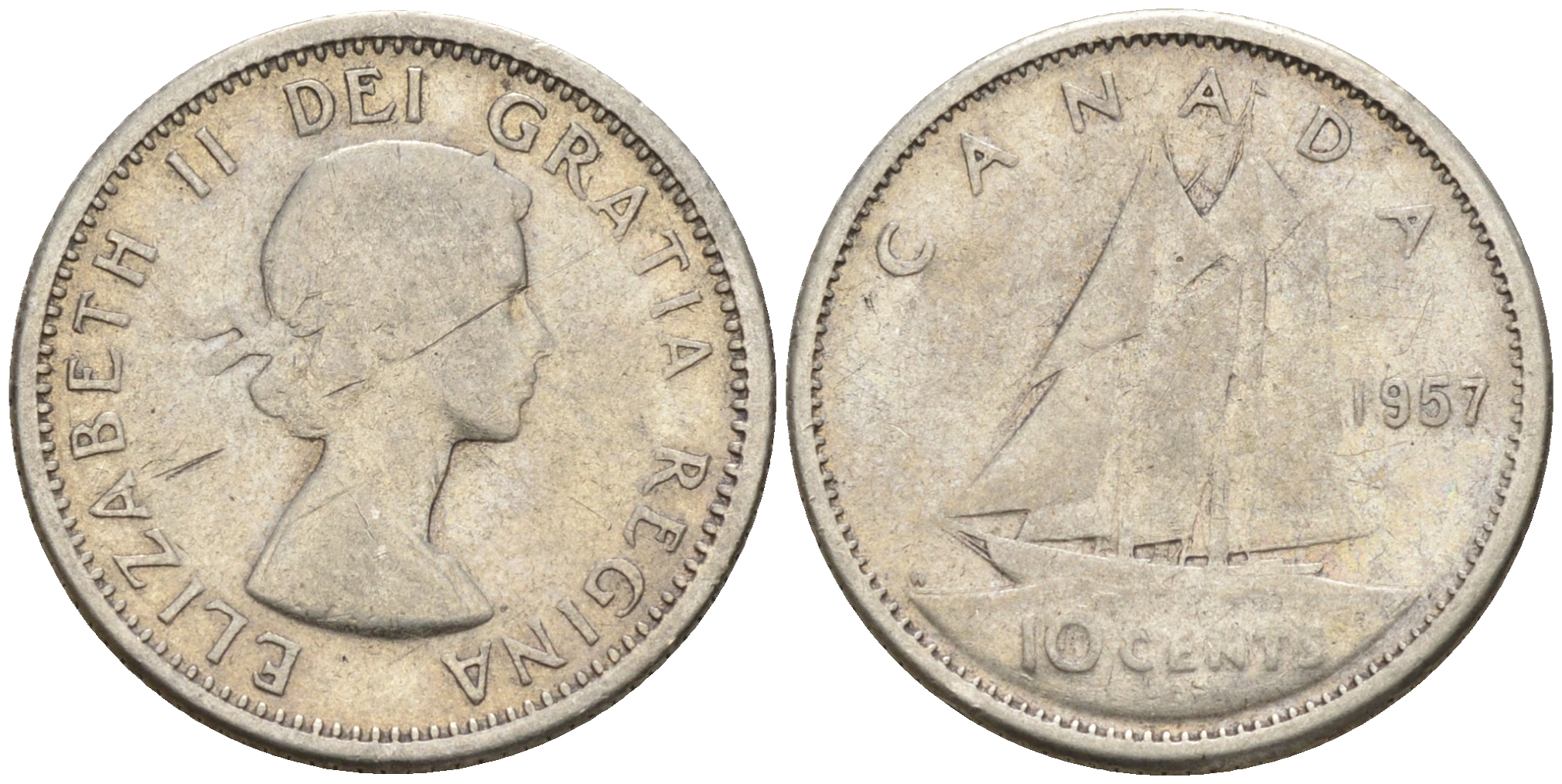 Канада 10 центов 1957 Елизавета II (1952-2022), парусник KM 51 серебро        4147-339