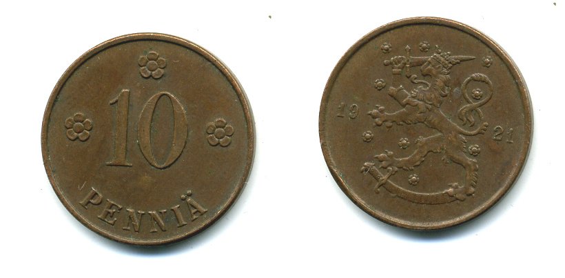 Финляндия 10 пенни 1921 республика (1918-1962) KM 24 медь 46-154