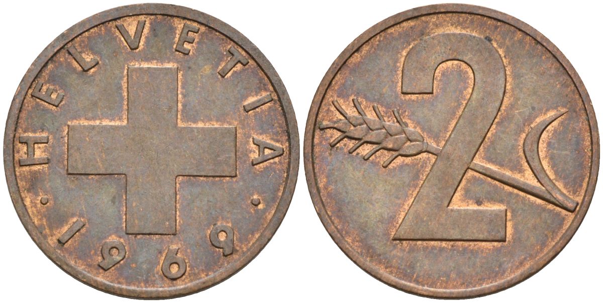 Швейцария 2 раппена 1969 KM 47 бронза 4523-1257