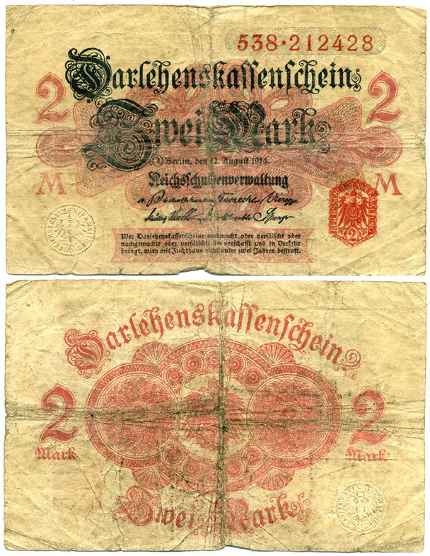 ГЕРМАНИЯ 2 МАРКИ 1914 БЕЛАЯ БУМАГА, СЕРИЯ 538 Pick 53, Rosenberg 52b бумага 7523-54-4-1