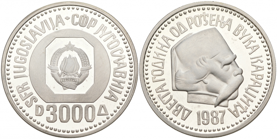 Югославия 3000 динаров 1987 200 лет Вуку Караджичу KM 128 серебро PROOF 1087-9-44