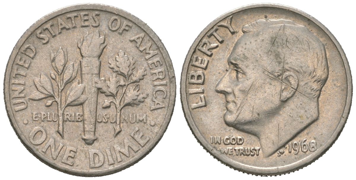 США 1 дайм = 10 центов 1968 KM 195a медь плакированная медно-никелем 4580-769