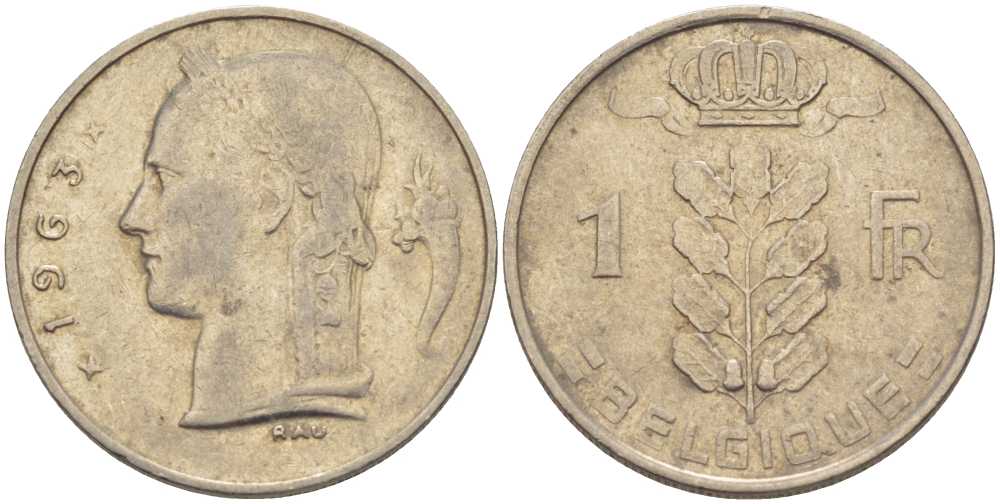 Бельгия 1 франк 1963 Belgique, Бодуэн I (1951-1993) KM 142.1 медно-никель 202-1022