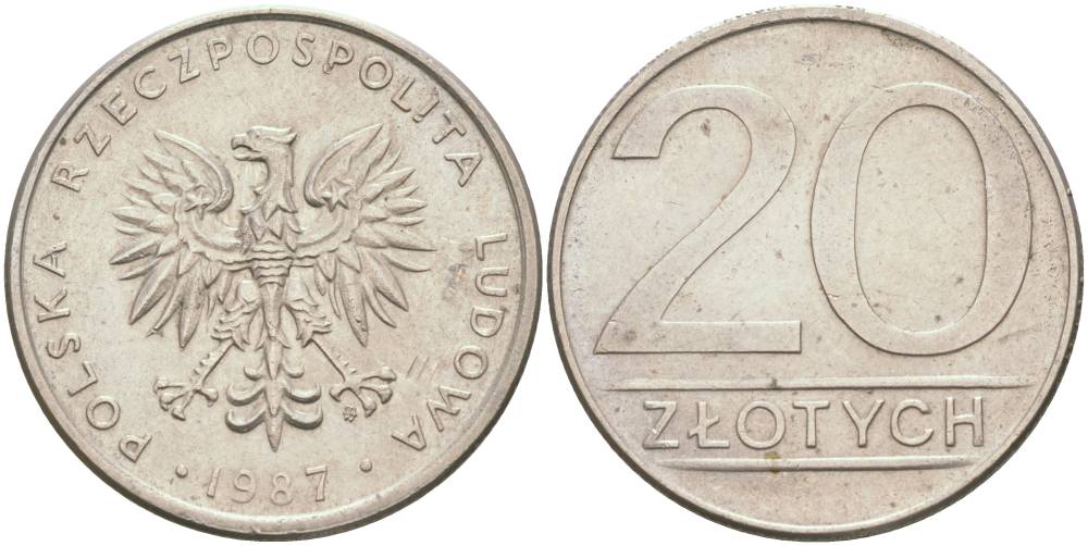 ПОЛЬША 20 ЗЛОТЫХ 1987 MW KM 153.1 медно-никель 4551-1053