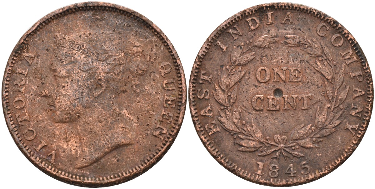 Стрейтс-Сетлментс 1 цент 1845 Виктория (1837-1901), Ост-Индская компания KM 3 медь 4590-124