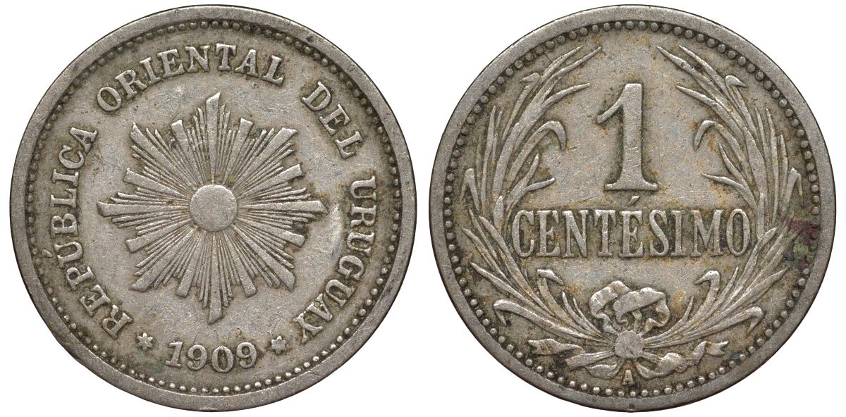 Уругвай 1 сентесимо 1909 KM 19 медно-никель 4169-612