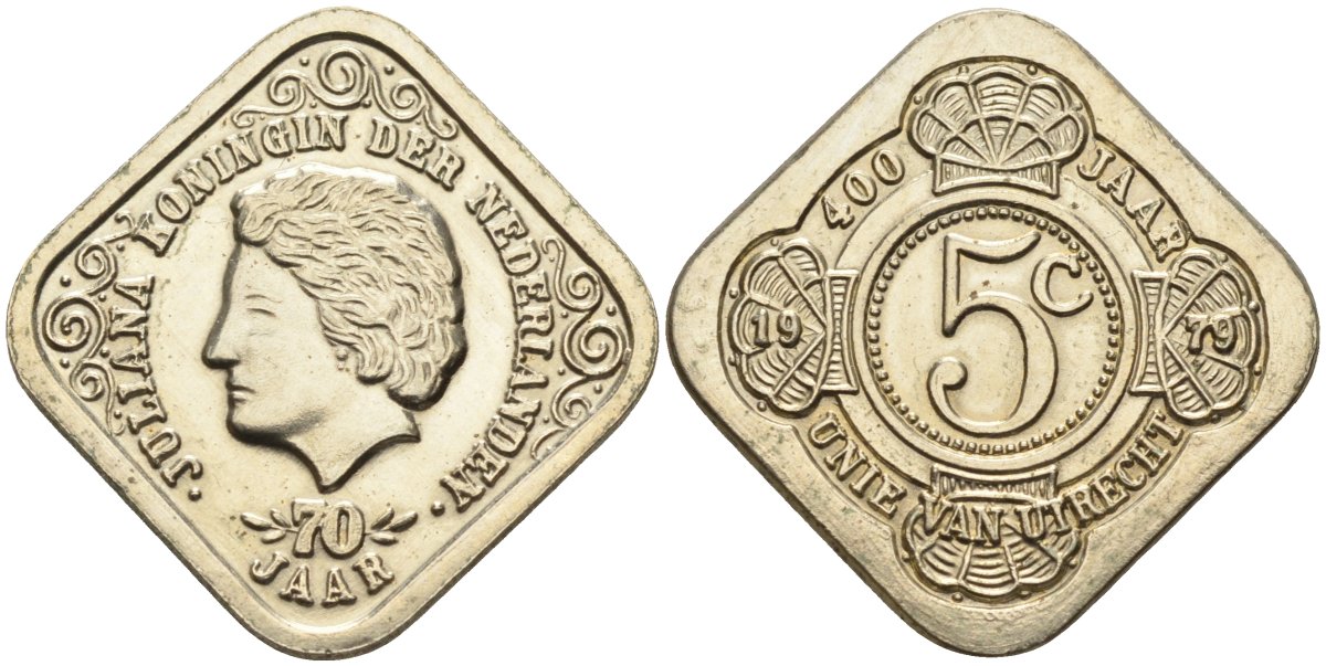 Нидерланды жетон 5 центов 1979 400 лет Утрехтской унии, 70 лет королеве Юлиане медно-никель UNC 4586-731