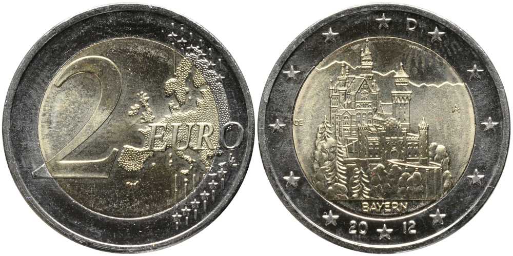 ГЕРМАНИЯ 2 ЕВРО 2012 D, БАВАРИЯ, ЗАМОК НОЙШВАНШТАЙН, СЕРИЯ ФЕДЕРАЛЬНЫЕ ЗЕМЛИ ГЕРМАНИИ KM 305 биметалл UNC 115-1124