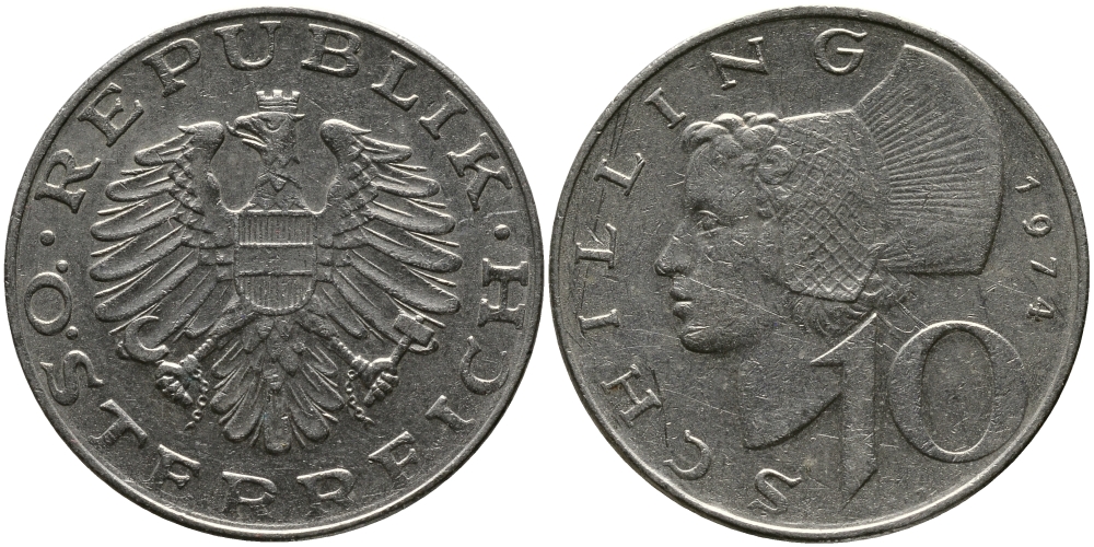 АВСТРИЯ 10 ШИЛЛИНГОВ 1974 KM 2918 никель плакированный медно-никелем 33-645