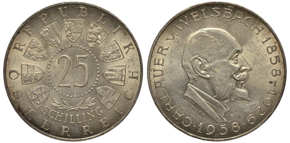 Австрия 25 шиллингов 1958 100 лет со дня рождения Карла Вельсбаха KM 2884 серебро aUNC 1520-125