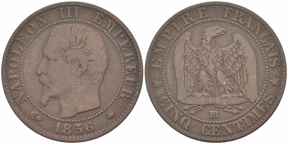 Франция 5 сантимов 1856 BB, Наполеон III (1852-1870) KM 777.3, LE FRANC 116.32 бронза 108-425