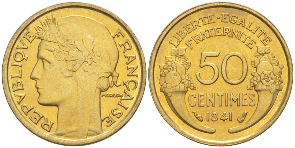 ФРАНЦИЯ 50 САНТИМОВ 1941 ТИП MORLON KM 894.1, LE FRANC 192.18 алюминиевая бронза 44-454