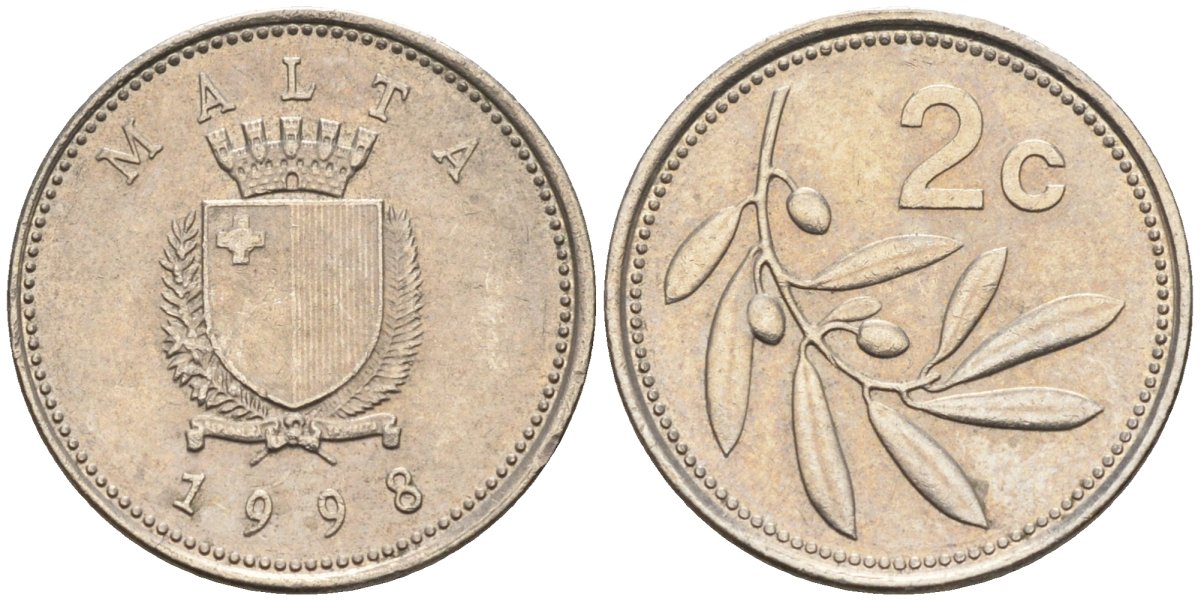 Мальта 2 цента 1998 оливковая ветвь KM 94 медно-никель 218-1219