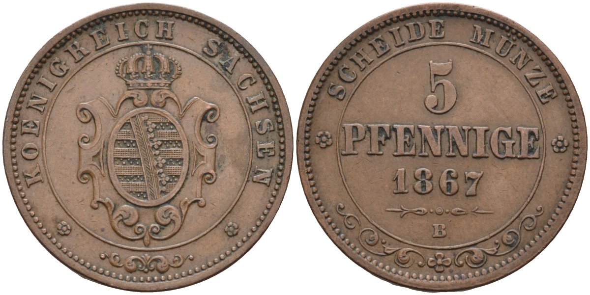 Саксония 5 пфеннигов 1867 В, Johann (1854-1873) KM 1218, AKS 151, J. 123 медь 4587-625
