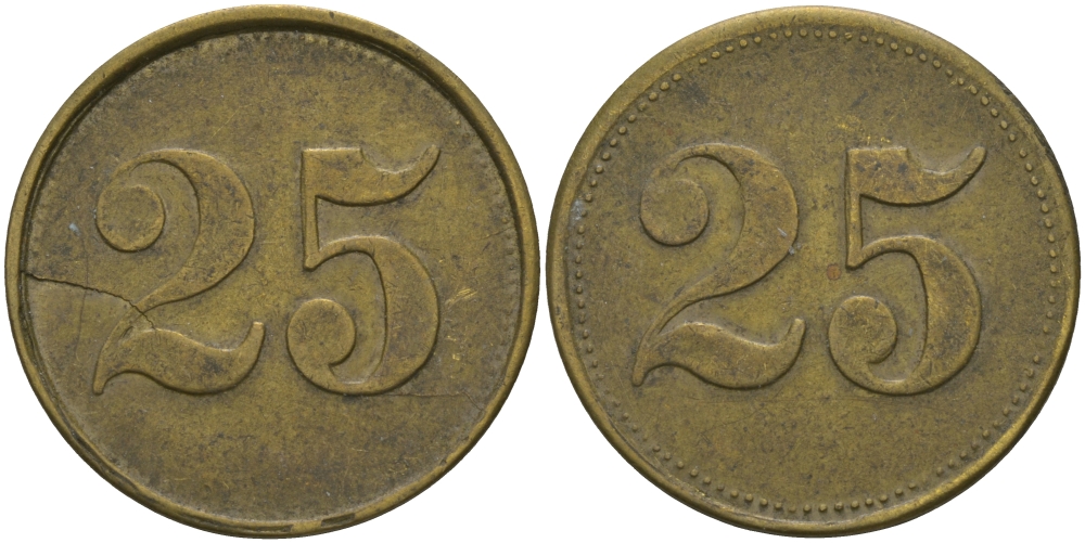 ФРАНЦИЯ 25 САНТИМОВ ND ПЛАТЕЖНЫЙ ЖЕТОН НАЧАЛА XX ВЕКА, ДВУСТОРОННИЙ, ДИАМЕТР 24 ММ. латунь 98-924