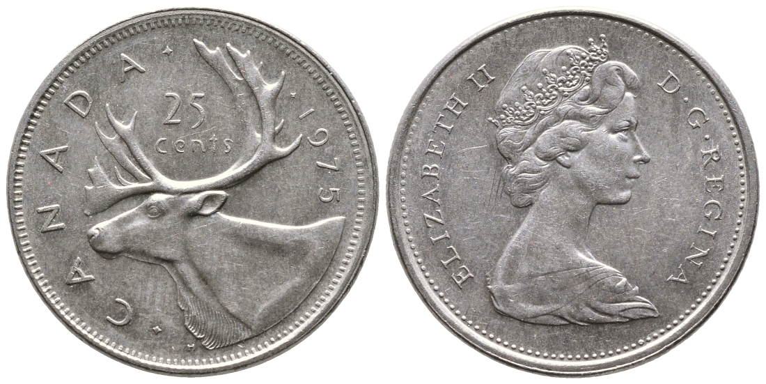 КАНАДА 25 ЦЕНТОВ 1975 ОЛЕНЬ, ЕЛИЗАВЕТА II KM 62b никель 4364-2024