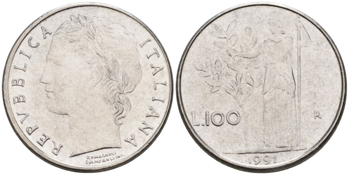 Италия 100 лир 1991 R, Афина в доспехах KM 96.2 нержавеющая сталь 4549-826