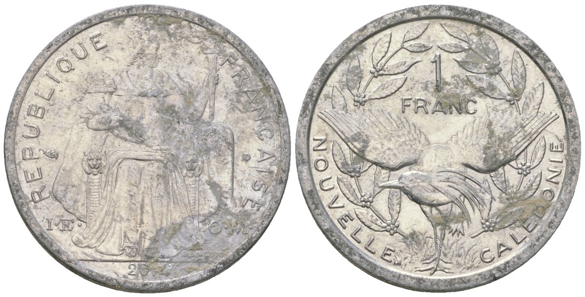 Французская Новая Каледония 1 франк 2014 птица кагу, (IEOM) KM 10, Schoen 10 алюминий 31-1041