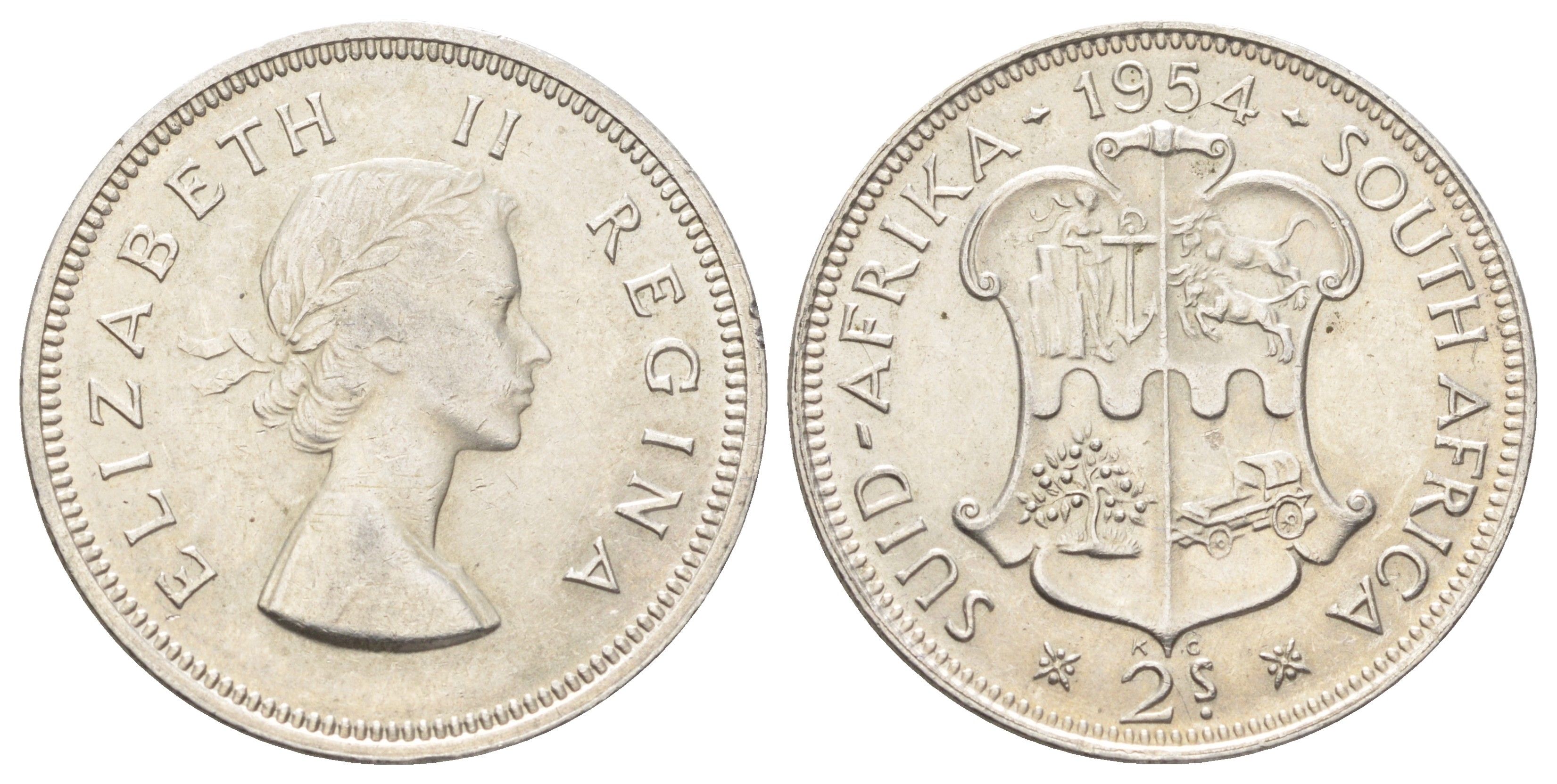 ЮАР 2 шиллинга (флорин) 1954 Елизавета II (1952-2022) KM 50 серебро 270-822