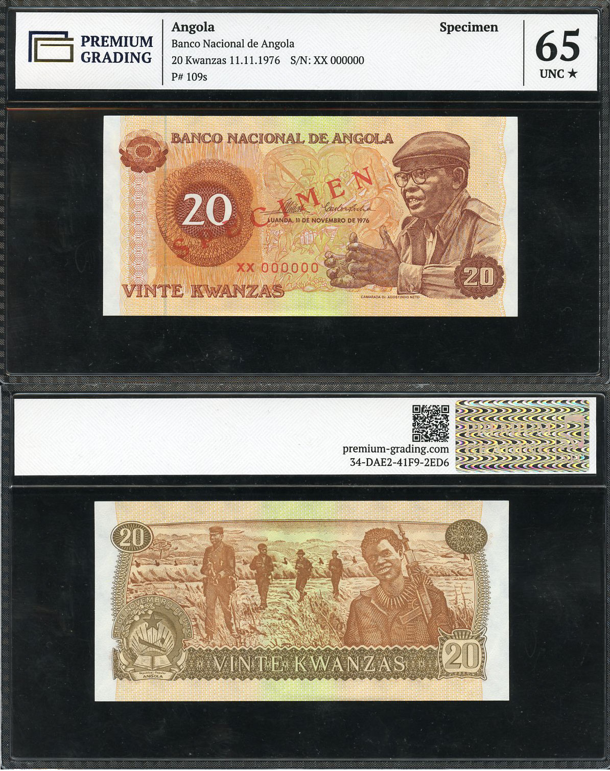 Ангола 20 кванза 1976 Антонио Агостиньо Нето, солдаты, specimen, в слабе Premium Grading, 65 UNC Pick 109 s  бумага  UNC (пресс) 452-3-22