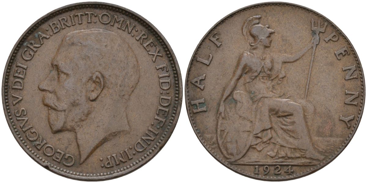 Великобритания 1/2 пенни 1924 Георг V (1910-1936) KM 809, Spink 4056 бронза 4153-756