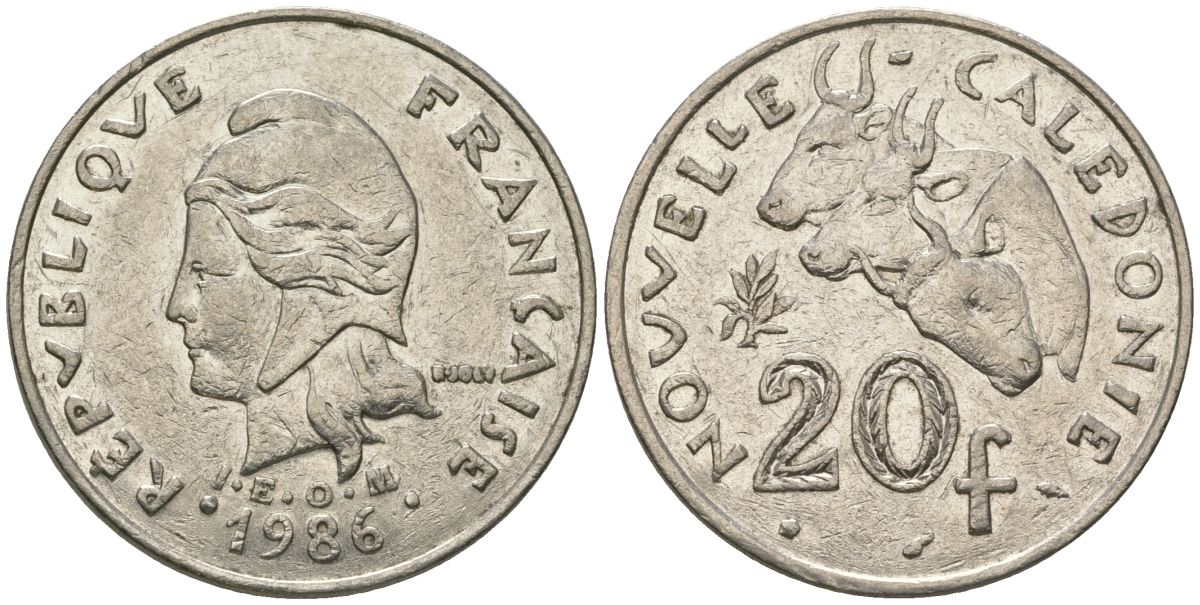 Французская Новая Каледония 20 франков 1986 три быка, (IEOM) KM 12, Schoen 14, Lec 112 никель 4683-132