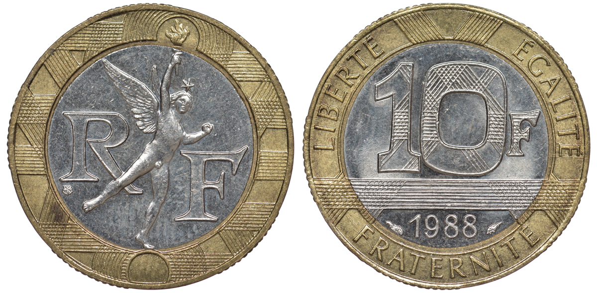 Франция 10 франков 1988 тип гений Бастилии KM 964.1, Le Franc 375.2 биметалл 45-1021