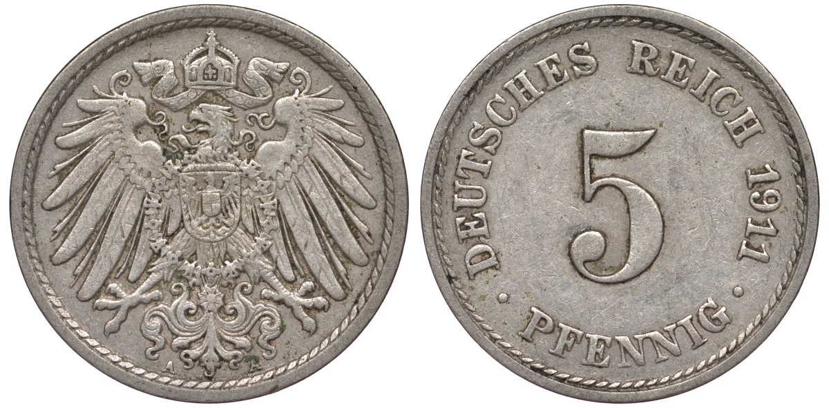 Германия 5 пфеннигов 1911 A KM 11, J. 12, Weege 6 медно-никель 25-1716
