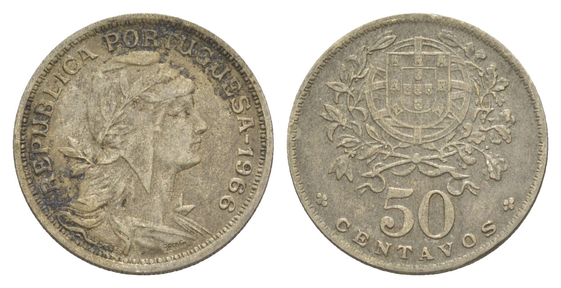 Португалия 50 сентаво 1966 голова Свободы вправо KM 577 никель латунь 4388-254