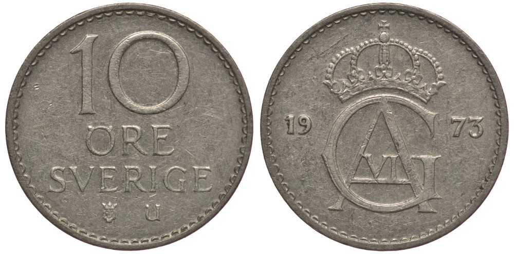 Швеция 10 эре 1973 U, Густав VI Адольф (1950-1973) KM 835 медно-никель 112-915