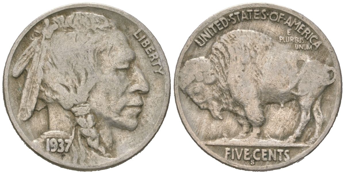 США 5 центов 1937 S, индеец, бизон KM 134 медно-никель 4608-921
