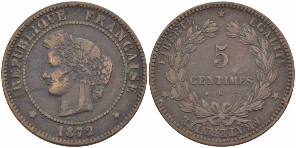 ФРАНЦИЯ 5 САНТИМОВ 1872 K, ТРЕТЬЯ РЕСПУБЛИКА (1871-1940) KM 821.2, LE FRANC 118.7 бронза 108-715