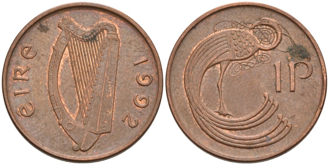 Ирландия 1 пенни 1992 птичка KM 20а сталь плакированная медью 92-211