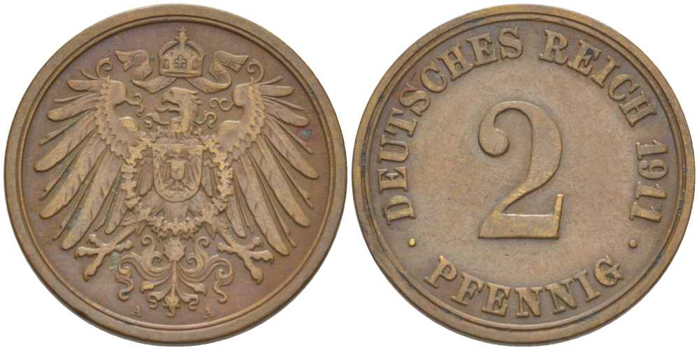 ГЕРМАНИЯ 2 ПФЕННИГА 1911 A KM 16, J. 11, Weege 4 медь 206-561