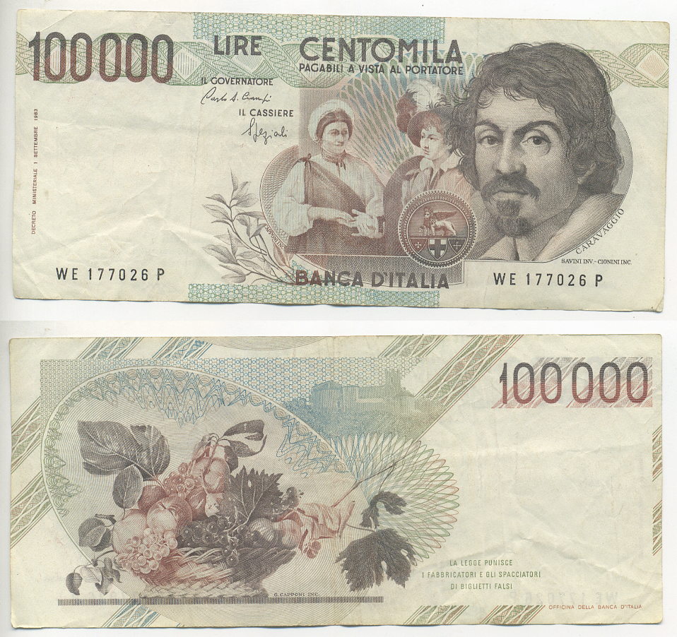 Италия 100000 лир 1983 Караваджо, фруктовый букет, подпись Stevani Pick 110а бумага 7220-5-3