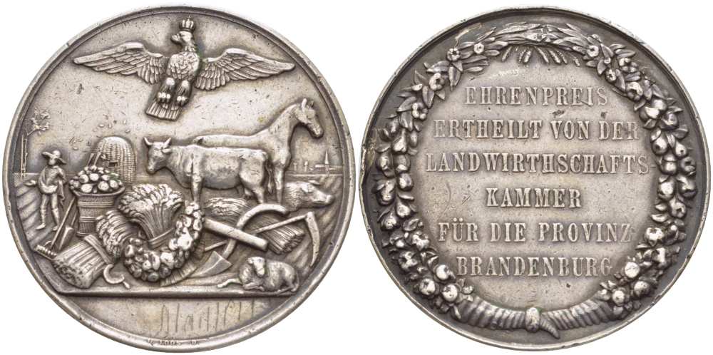 Германия медаль ND почетная награда выданная сельскохозяйственной палатой для земли Бранденбург, диаметр 43 мм., вес 31 гр. серебро 1084-2-11