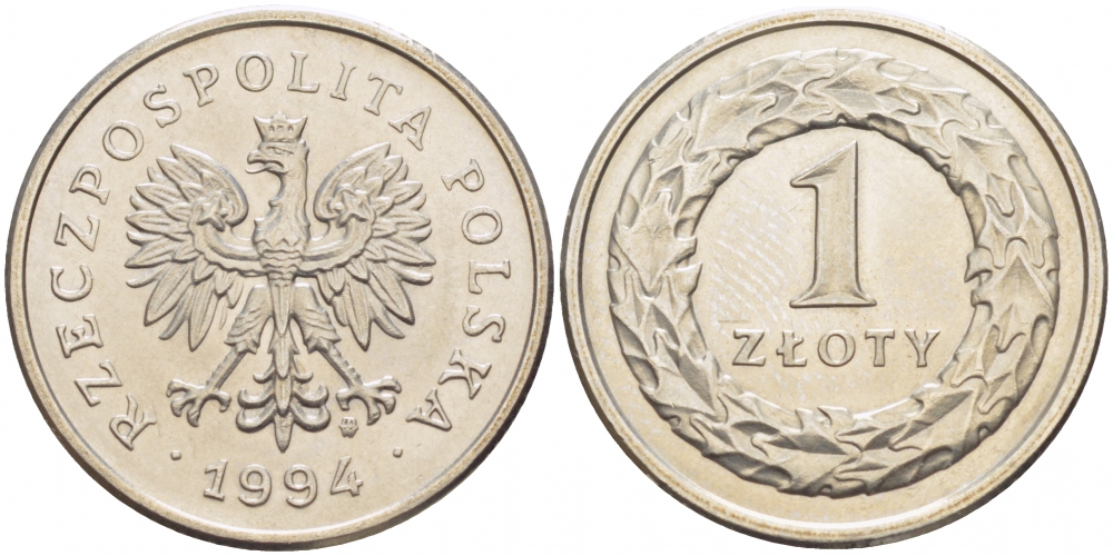 Польша 1 злотый 1994 MW KM 282 медно-никель UNC 4523-1023