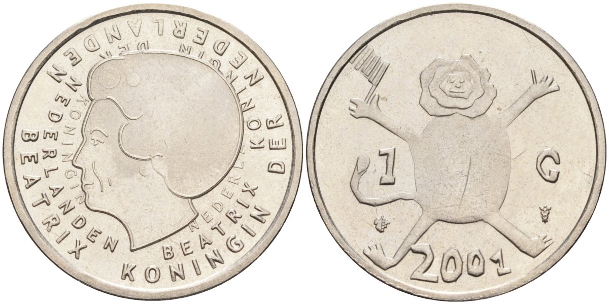 Нидерланды 1 гульден 2001 прощай гульден, детский рисунок, лев с флагом в руках KM 223 никель 4175-254