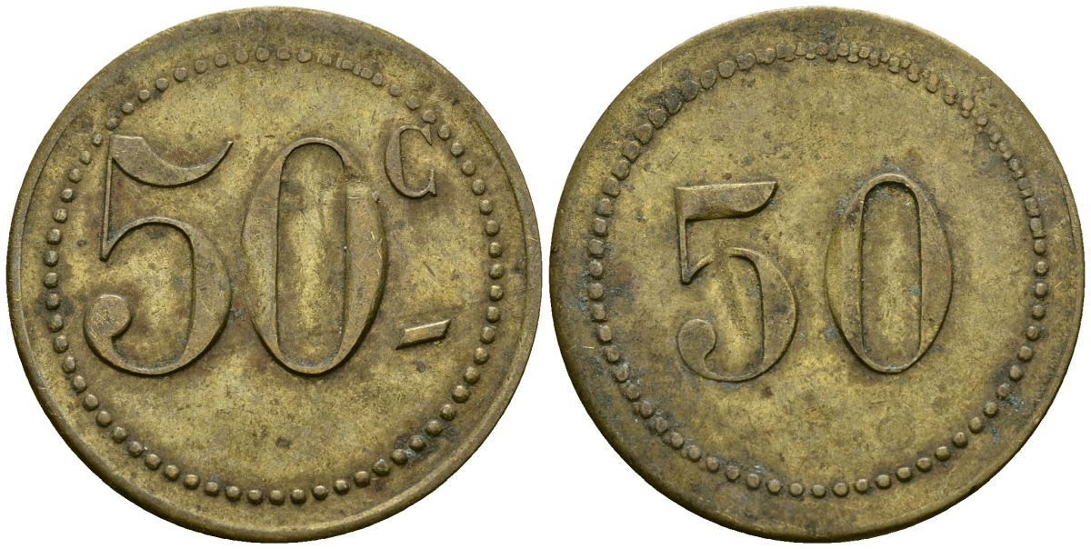 Франция 50 сантимов XIX-XX век ресторанный жетон латунь 4166-1251