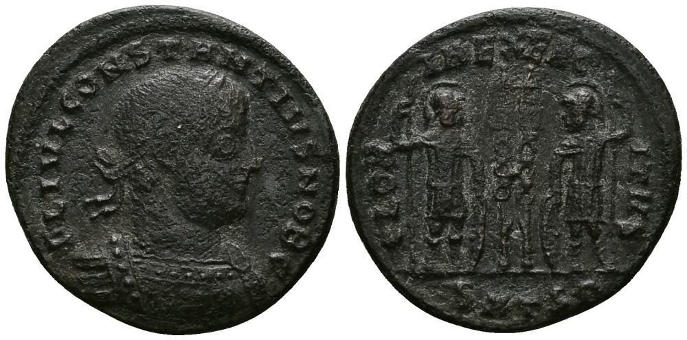 Римская Империя нуммий 335 - 336 Констанций в ранге цезаря GLORIA EXERCITVS Фессалоника Very fine (степень редкости R1) RIC 70 бронза 1073-6-73