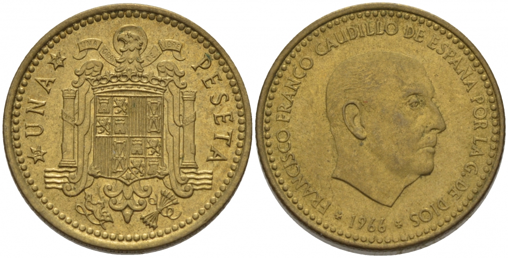 Испания 1 песета 1966 (74) Франсиско Франко (1939-1975) KM 796 алюминиевая бронза 3457-717