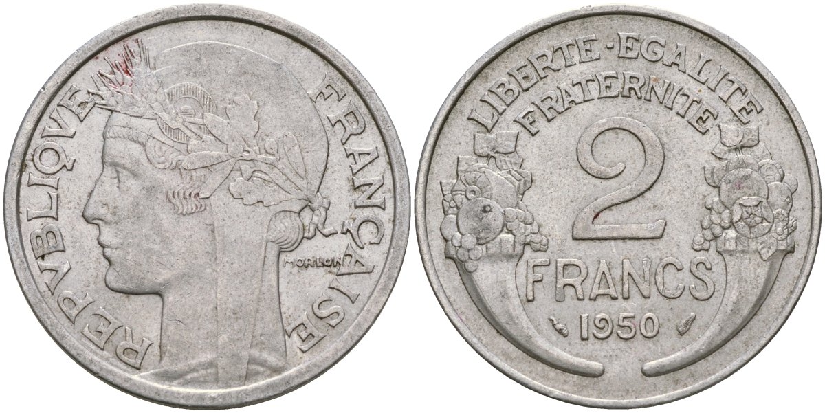 Франция 2 франка 1950 KM 886a, Le Franc 269.10 алюминий 51-4325