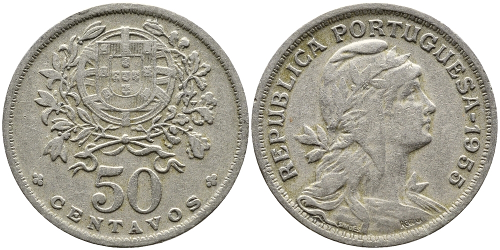 Португалия 50 сентаво 1955 KM 577 медно-никель 61-121