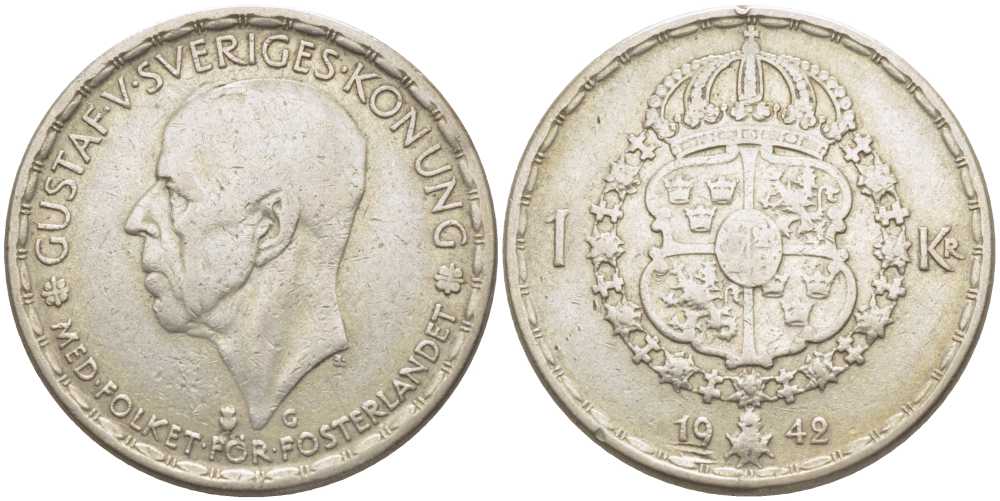 Швеция 1 крона 1942 G, Густав V (1907-1950) KM 814 серебро 119-1114