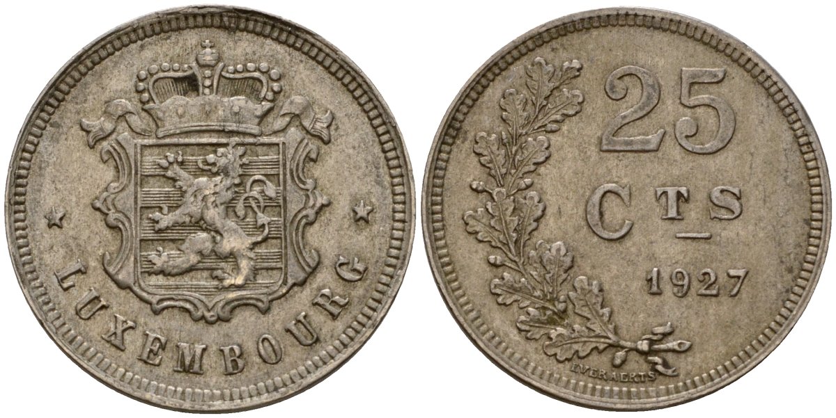 Люксембург 25 сантимов 1927 Шарлотта (1918-1964) KM 37 медно-никель 4122-522