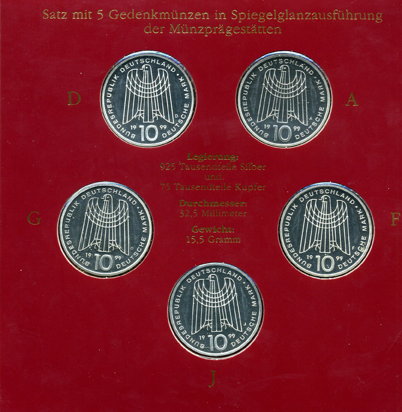 ФРГ набор из 5 штук по 10 марок 1999 A, D, F, G, J, 50 лет организации защиты детей серебро PROOF 6-5-2-4